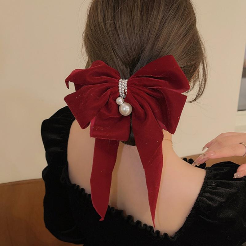 Women's Velvet Bow Hairpin Fashionable Princess Headdress Sweet Back-Of-The-Head Hair Clip New Year's Hair Accessories