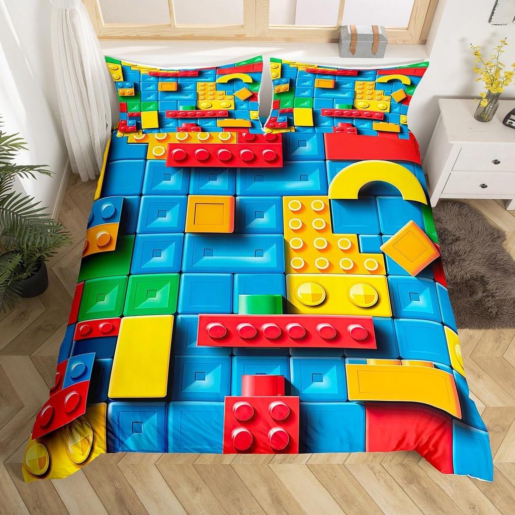 Building Block Duvet Cover Twin King Rainbow Construction Bedding Set Colorful Bricks Comforter Cover For Teen Girls Room Decor