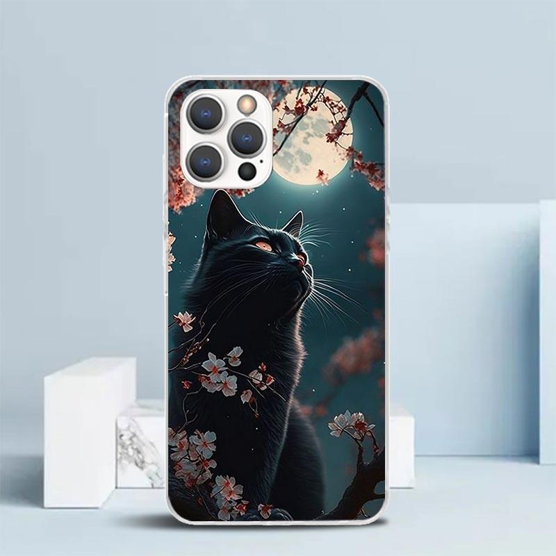 Cartoon Cute Black Cat Phone Case For IPhone 16 17 Air 16E 15 14 Plus 13 Mini 12 11 Pro Max 7 8 + SE 2020 Soft TPU Back Cover 16