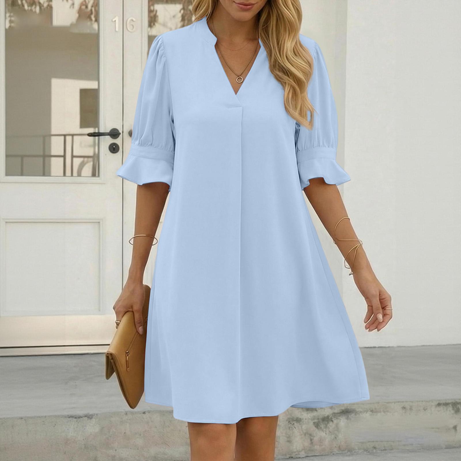 

Women s Casual Plain V-neck Loose Pleated Five-quarter Sleeve Dress Summer M