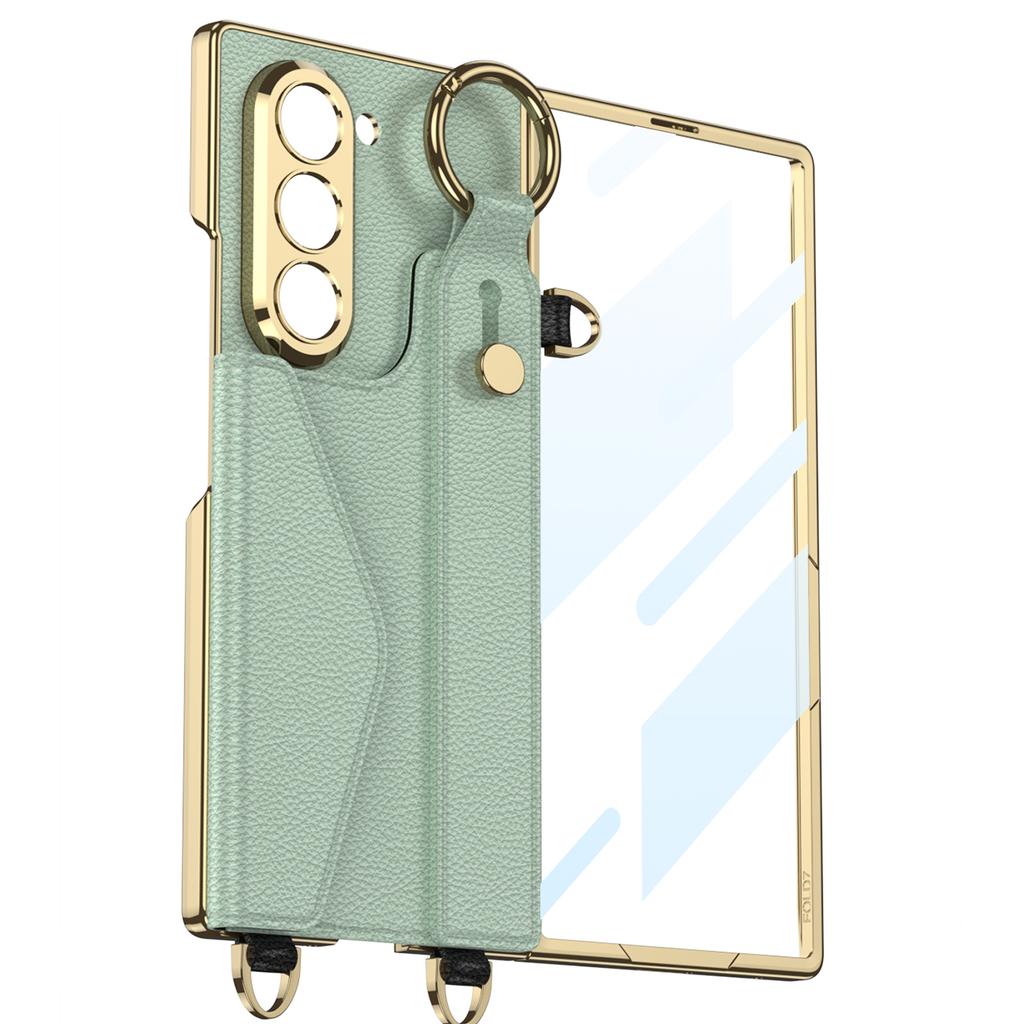 GKK For Samsung Galaxy Z Fold6 5G Case with PU Strap Kickstand/Metal Chain Electroplated PC Tempered Glass Phone Cover