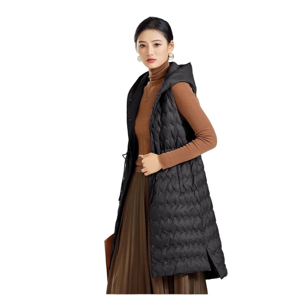 Winter Women's Ultra-light Long Puffer Hooded Vest Women's Casual Slim Shrink Belt Vest