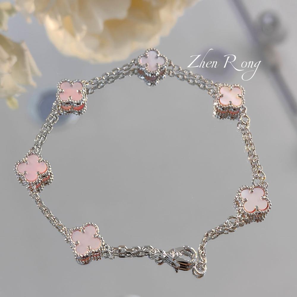 Luxury Mini Pink Shell Clover Flower Bracelet with Amethyst and Diamond Accents for Women