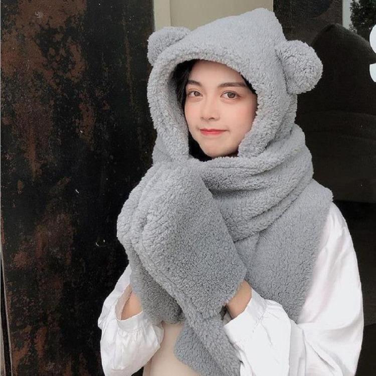 3 In 1 Girl Scarf Bear Hat Furry Caps Scarf with Gloves Set Winter Warm Headgear for Casual Outdoor Wear