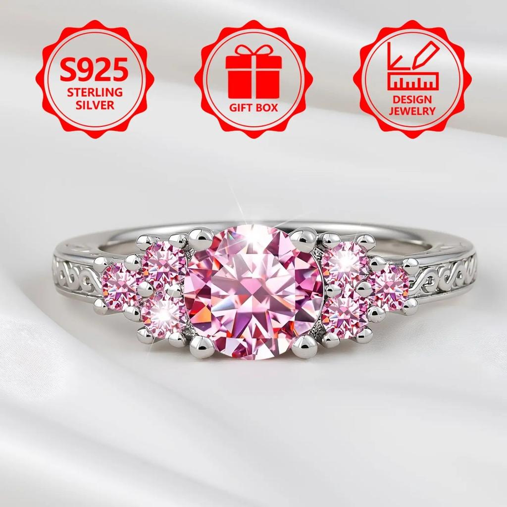 sterling silver women's engagement ring, luxurious and elegant style, paired with a sparkling pink artificial gemstone