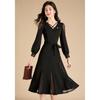 Women's Black Hollow-Out Lace Trim Long Sleeve Midi Dress