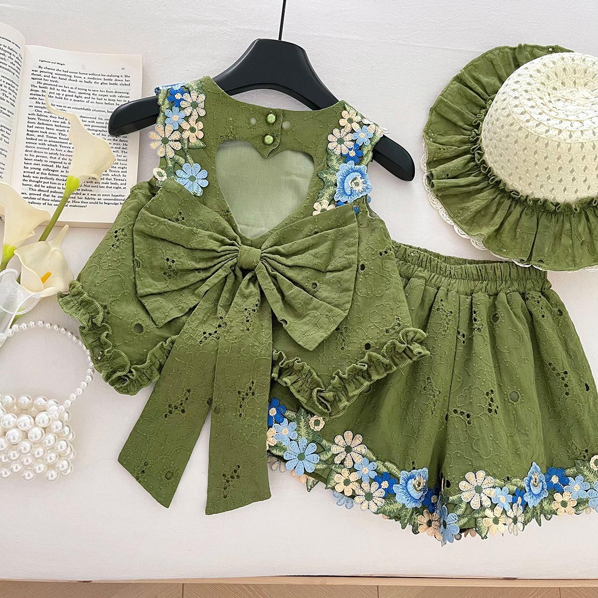 Summer Girls Floral Backless Top With Big Bow And Shorts Set Sleeveless Two Piece Outfit For Kids 90cm