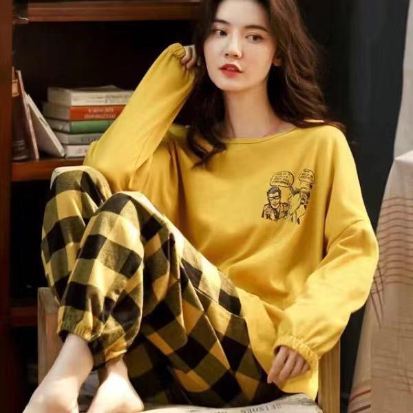 Women's Korean Smiley Face Cartoon Pajamas Set – Long-Sleeved Pullover & Trousers for Autumn/Winter