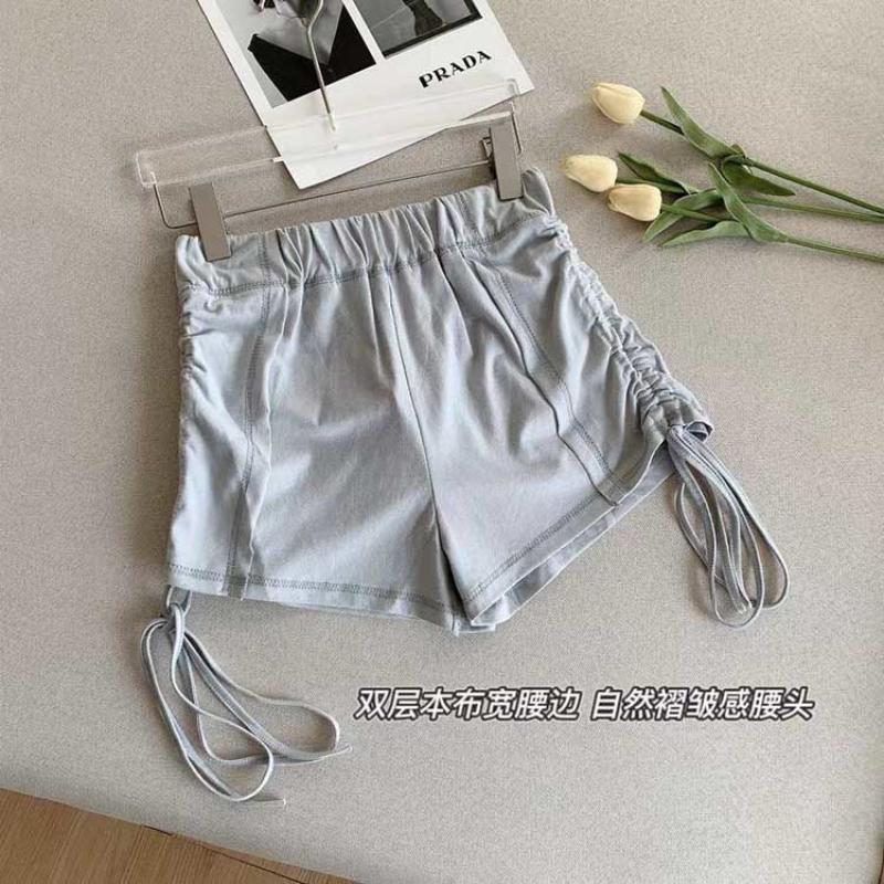 Women Summer Beige Drawstring Side High Waist Casual Pocket Shorts