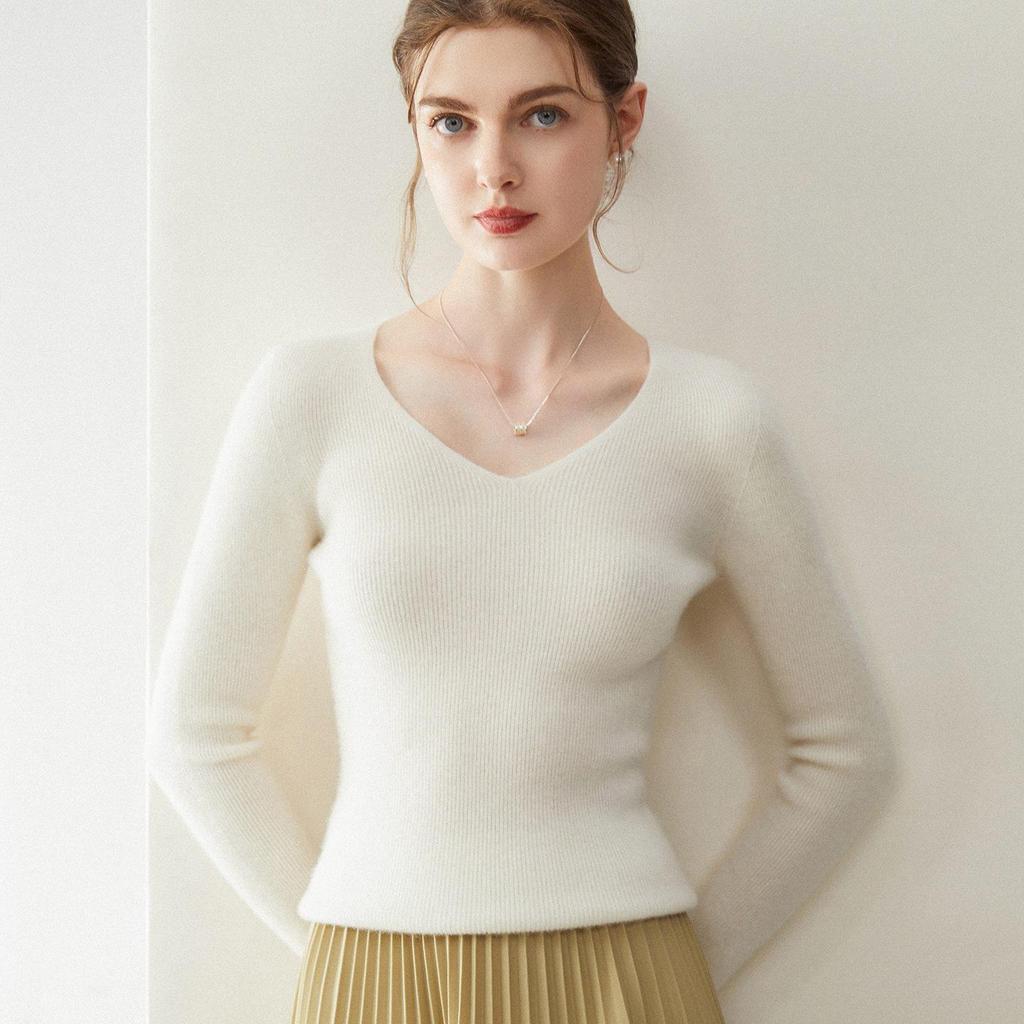 Women's 100% Pure Cashmere V-neck Seamless Ribbed Slim-fit Sweater