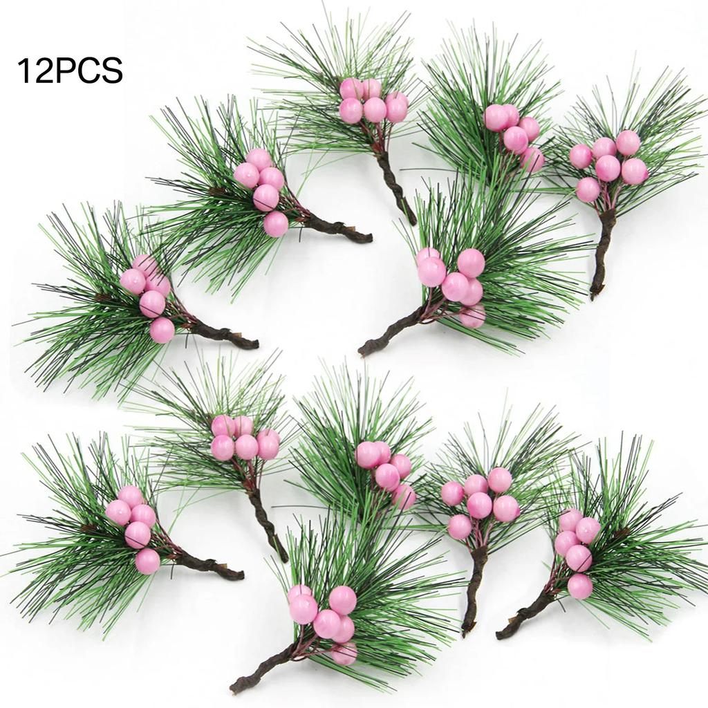 12 pièces Fait Main DIY Mini Branches de Pin Aiguilles Baies Rouges Accessoires Couronne de Noël Boîte Cadeau Plantes Artificielles Arrangement Floral