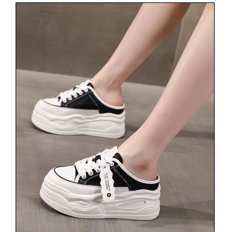 Casual home mesh half slippers women 2025 summer new thick bottom height increase small muffin bottom half slippers women