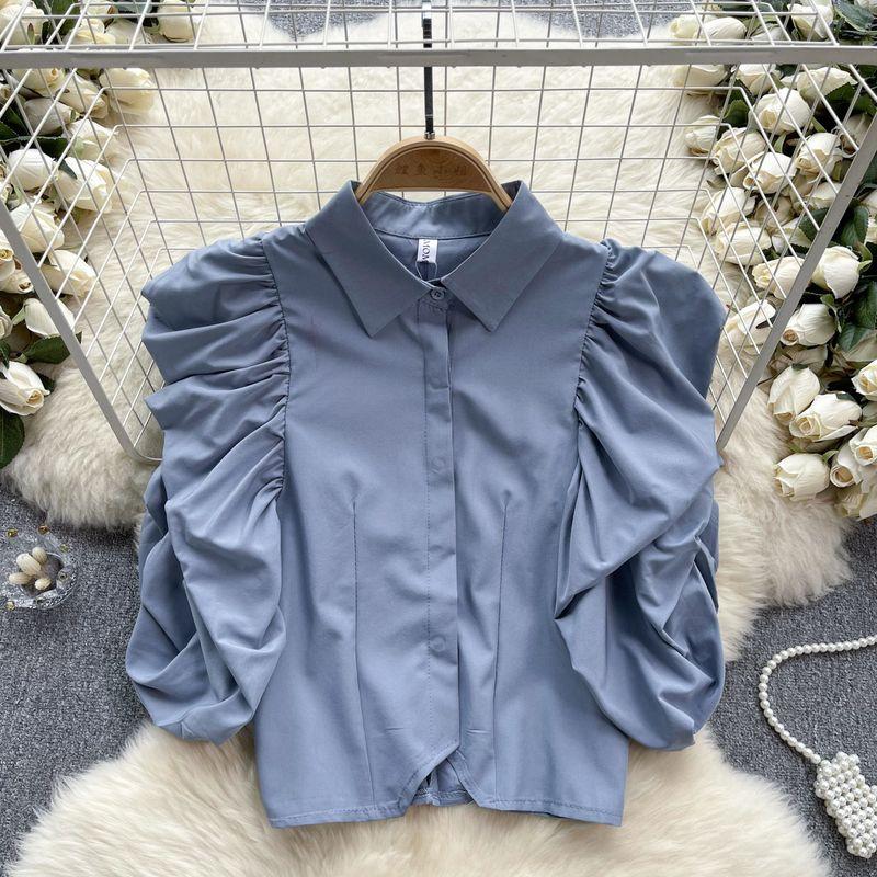 

South Korea Dongdaemun Women s Clothing Shirt Niche Design Ruched Puff Sleeves Lapel Single Breasted All-Matching Short Top Blue One size