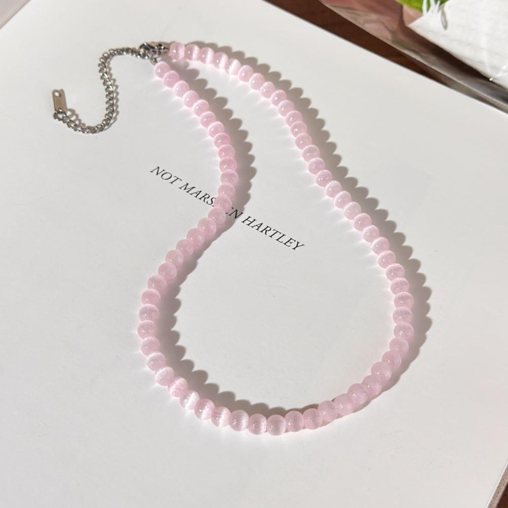 Elegant Glass Bead Necklace Colorful Stone Bead Necklace Cat s Eye Stone Necklace for Women розовый
