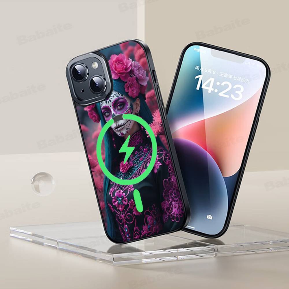 Catrina Beautiful Rose Girl Skull Phone Case Magnetic Case For iPhone 17 16 15 14 13 12 11 For Magsafe Wireless Charge Cover
