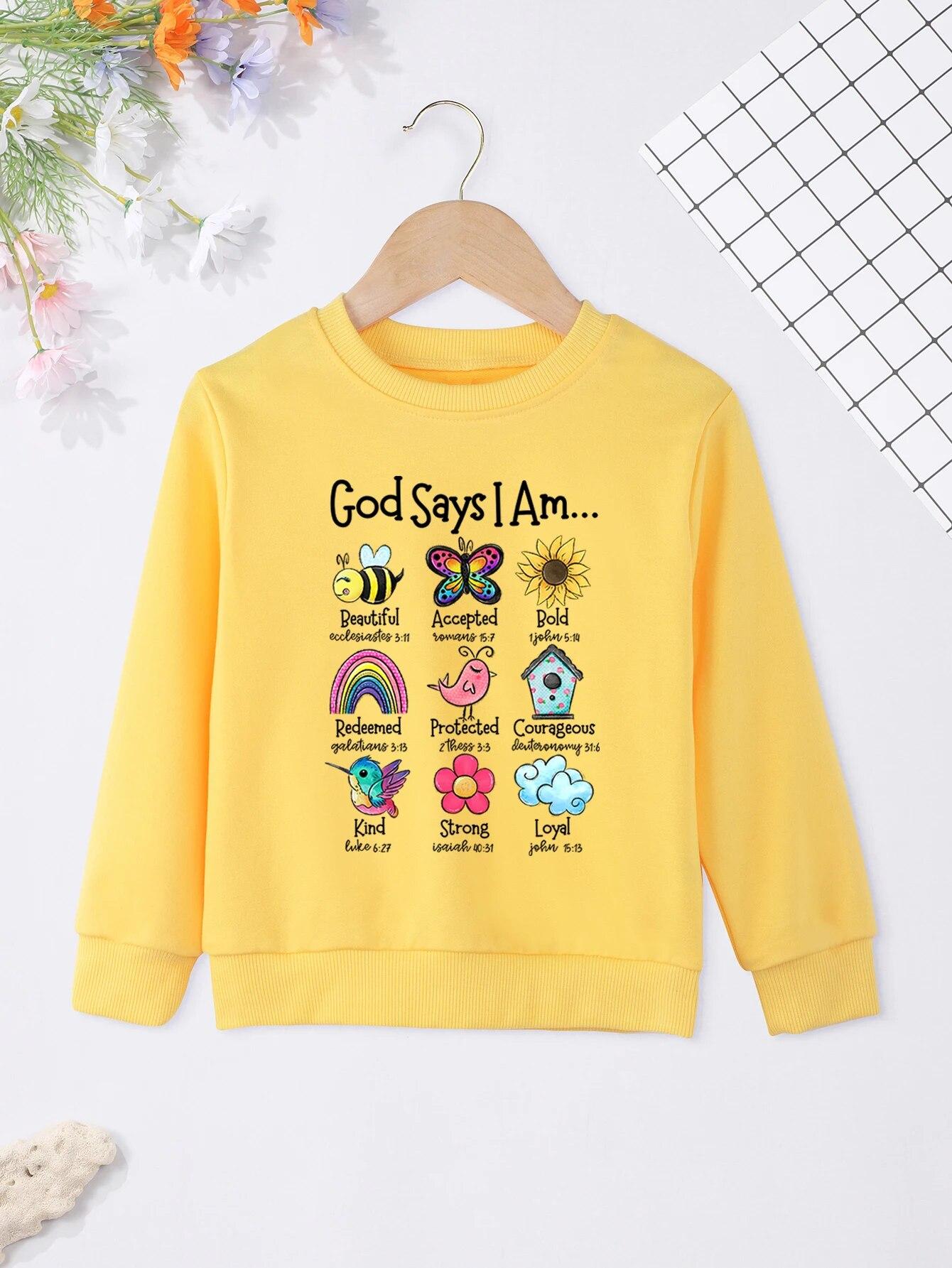 

Бог говорит, что я есть... Милая одежда для девочек, розовая, весна-осень, толстовка с круглым вырезом, городская, повседневная, милый стиль, детские толстовки с капюшоном 160