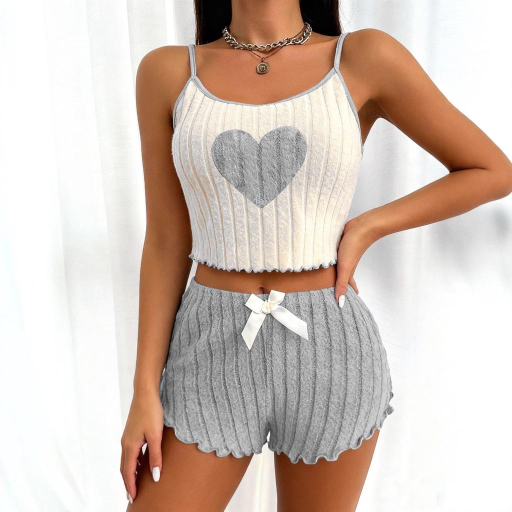 Women's Heart Print Ribbed Spaghetti Strap Crop Cami Top Bow Shorts Loungewear Two Piece Outfit Set