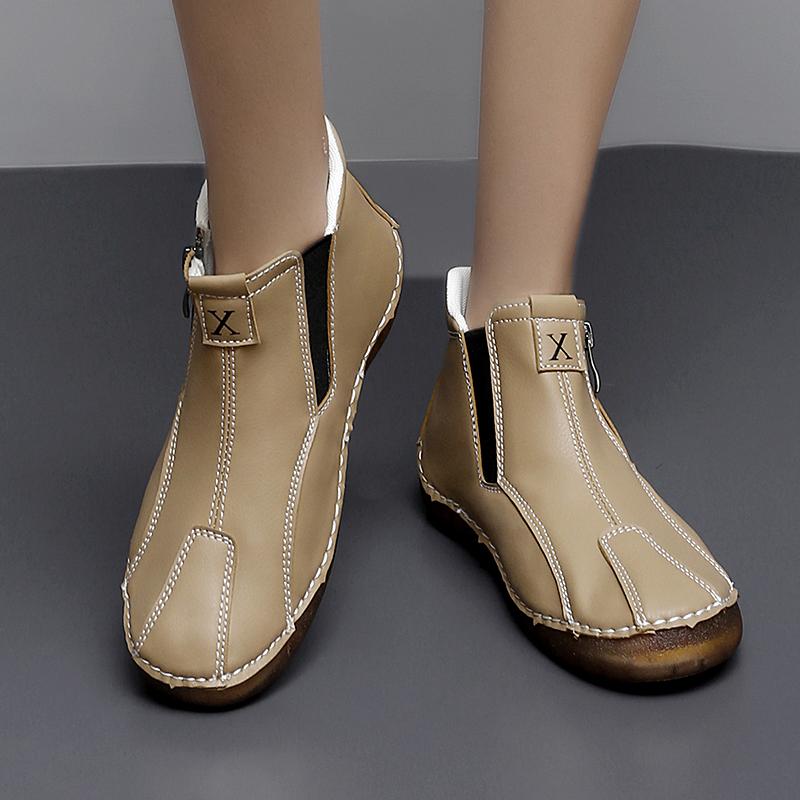 New Women Ankle Boots Fashion Zipper Women's Boots Handmade Leather Women Casual Shoes Outdoor Comfortable Flats Walking Shoes
