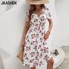 Women's Fashion Summer Spring Flower Pattern Print Short Sleeve V-Neck High Waist Casual Dresses