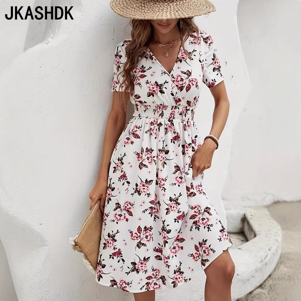 JKASHDK Women's Fashion Summer Spring Flower Pattern Print Short Sleeve V-Neck High Waist Casual Dresses
