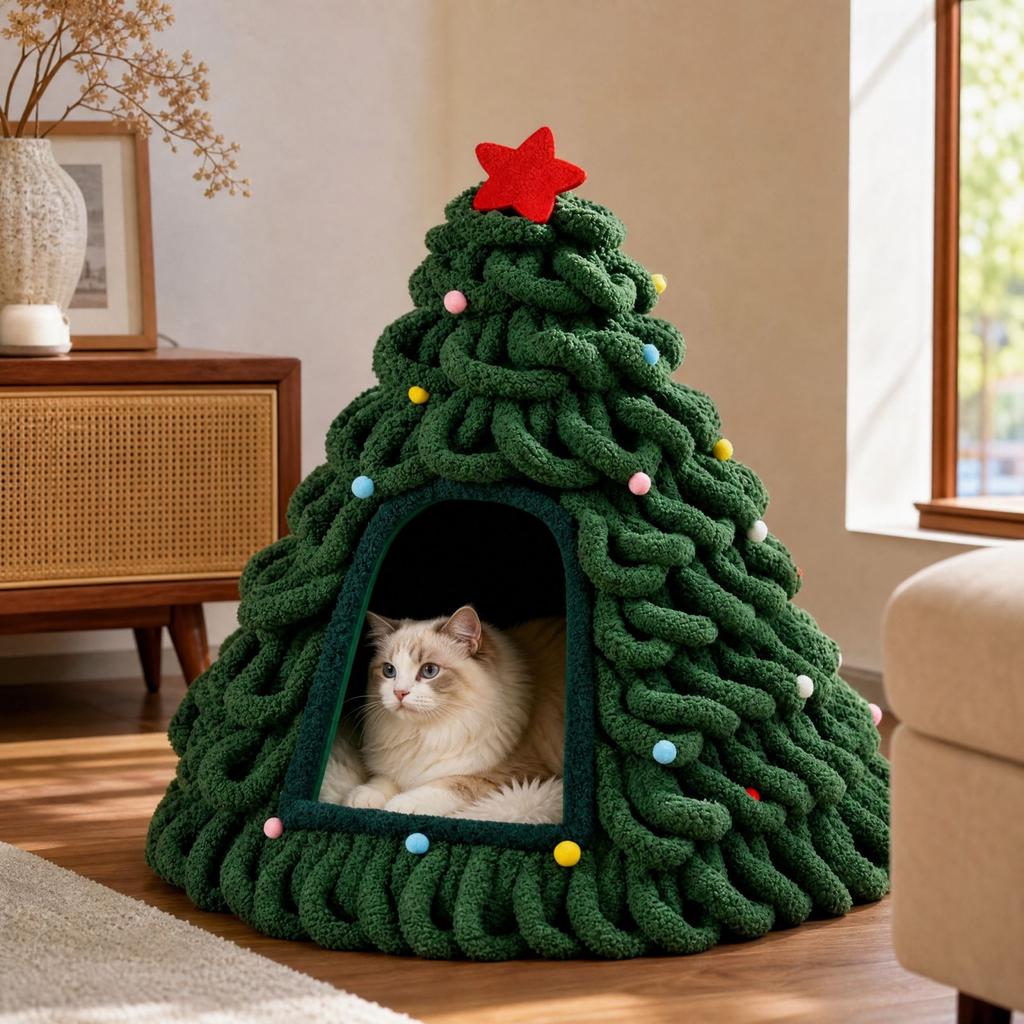 Christmas Tree Bed for Cats, Enclosed House for Indoor, Pet Furniture