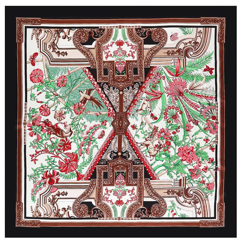 POBING Silk Scarf Women Large Shawls Back Garden Print Stoles Square Bandana Luxury Kerchief Hijab Female Foulards 130CM