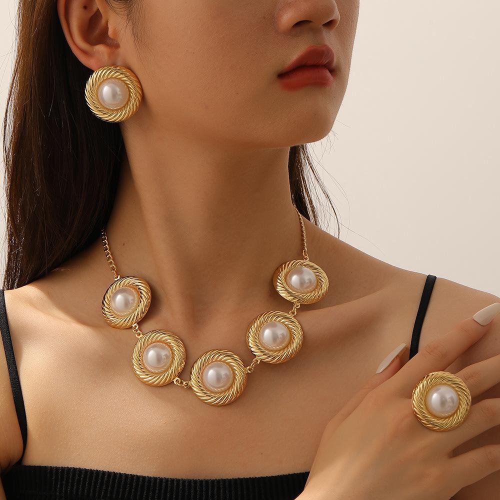 Round Imitation Pearl Pendant Choker Ring Earrings Set Women Chic Party Jewery Accessory
