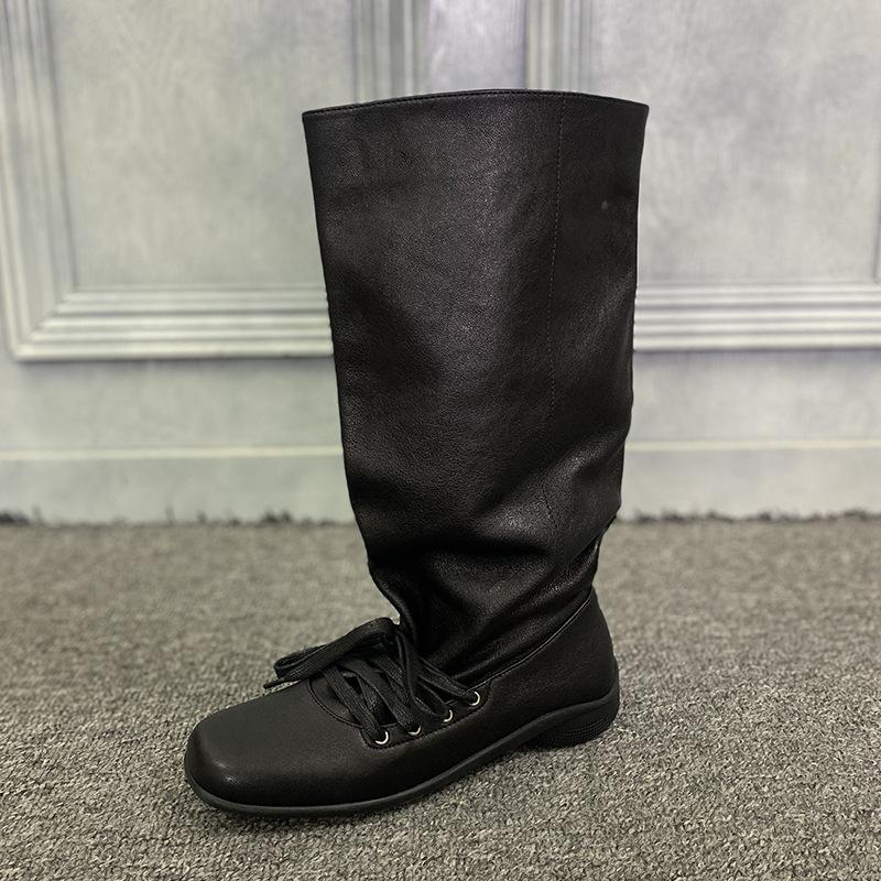 Leder Vintage Western Stapelstiefel Damen Europäische Station 2025 Ballerina-Riemen Plissierte Mittelstiefel Sleepy Boots