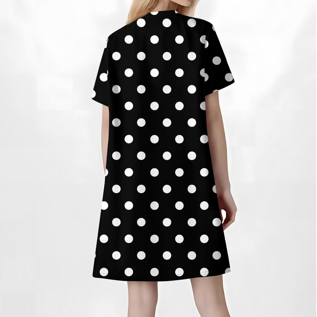 Women's Fashion Casual V-neck Short-sleeve Button Check, Tie-dye, Polka Dot Print Dress