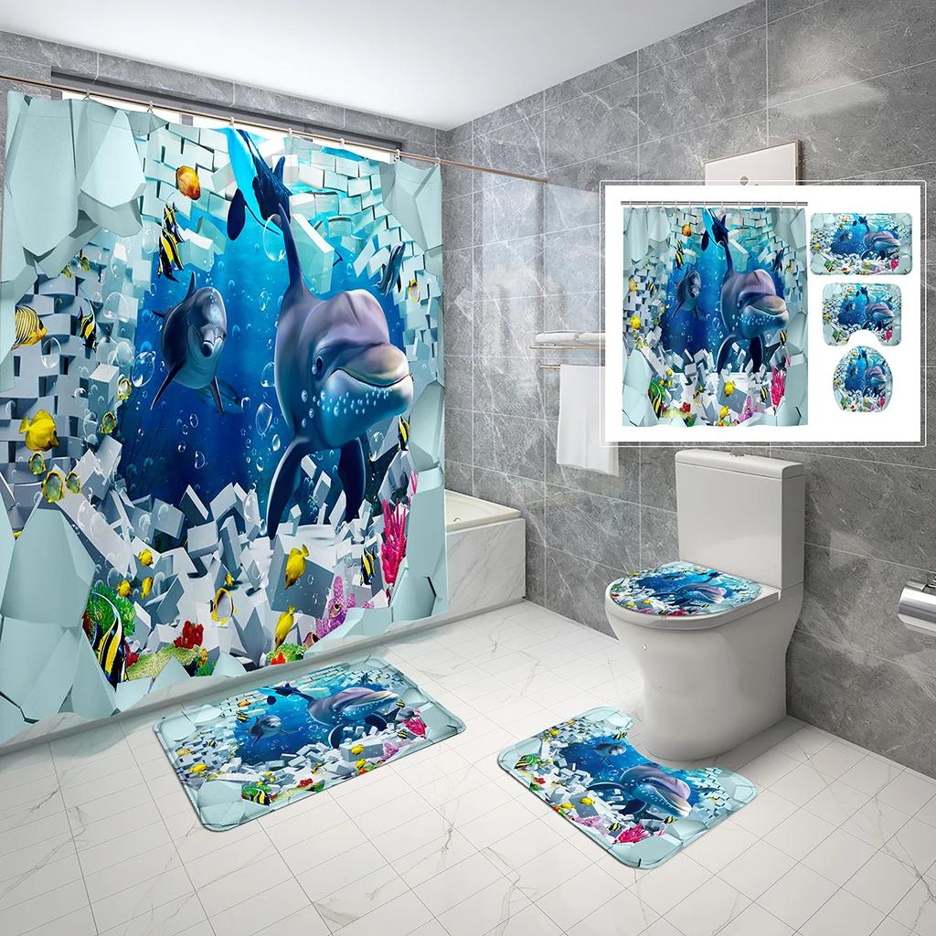 4 Sets Dolphin Shower Curtain Sets With Non-Slip Bath Mat,Toilet Lid Cover And Ocean Animals Blue Sea World Shower Curtain Set