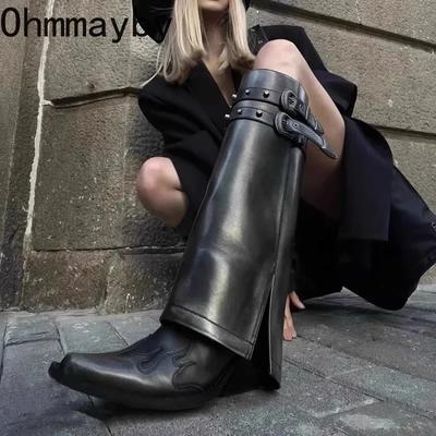 Fashion Winter Women Cowboy Boots Fashion Slip On Belt Buckle Ladies Elegant Long Pipe Boots Casual Thick Heel Women's Boot