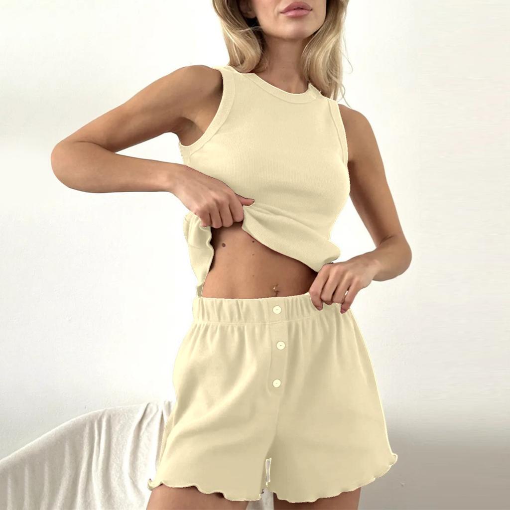 Women's Loose Comfortable Casual Fashionable Solid Color Sleeveless Top Shorts Home Clothes Two-piece Set