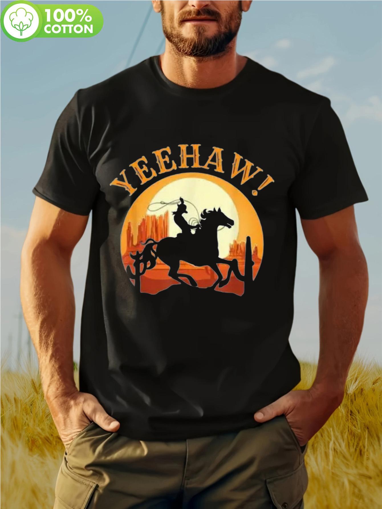 Western Graphic T-shirt - YEEHAW Cowboy Silhouette & Desert Sunset Design S