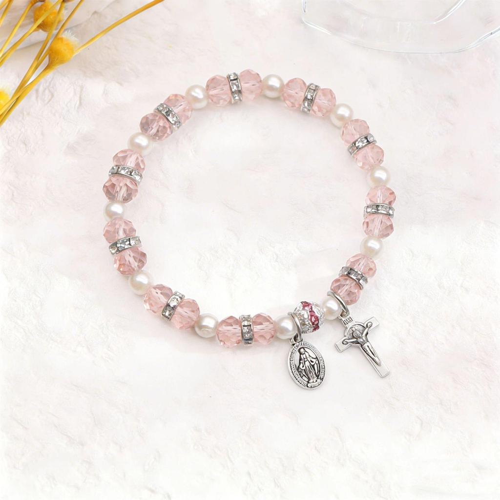 Retro Virgin Mary Pendant Pearl Bracelet with Oval Charm and Flower Design for Women