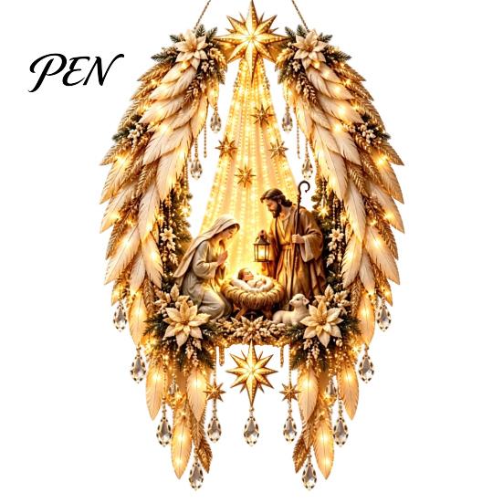 Christmas Wall Decor for Home Lighted Nativity Decor, 3D Gold Bethlehem Scene LED Hanging Light with Decorative Pine Branch Art Warm Glow, Religious