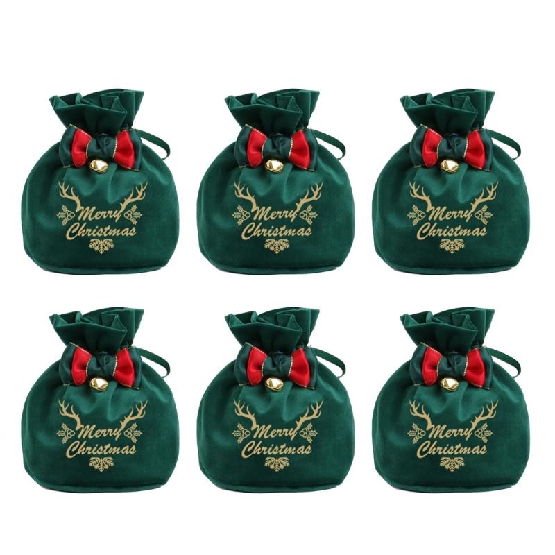 Reusable Holiday Velvets Treat Pouch Drawstring Gift Bag With Bowknot And Bell Christmas Party Decoration Accessories