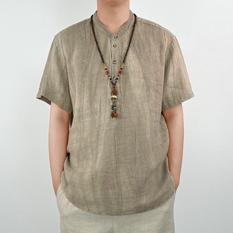 High End Pure Linen Men's Summer Thin Short Sleeved T-shirt, Men's Chinese Style Standing Neck Half Sleeved Loose Casual Top