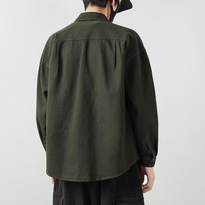 Camicia a maniche lunghe di cotone da primavera e estate da uomo, ampia, di tendenza, americana con risvolto, tasche, camicia, capispalla, top