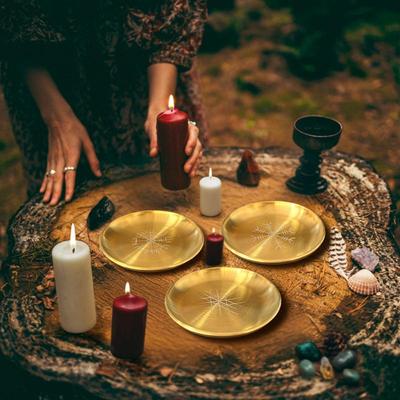 1PC 14cm Stainless Steel Plate Candlestick Ceremonial Ornament Engraving Plate Nordic Compass Crystal Storage Round Plate