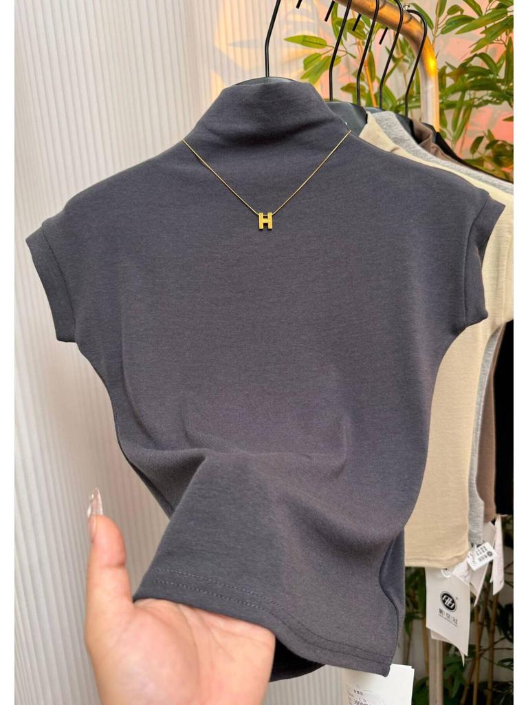 Damen Schwarzes Slim Kurzarm T-Shirt mit Halbochkragen, Frühjahr/Sommer Kollektion 2025