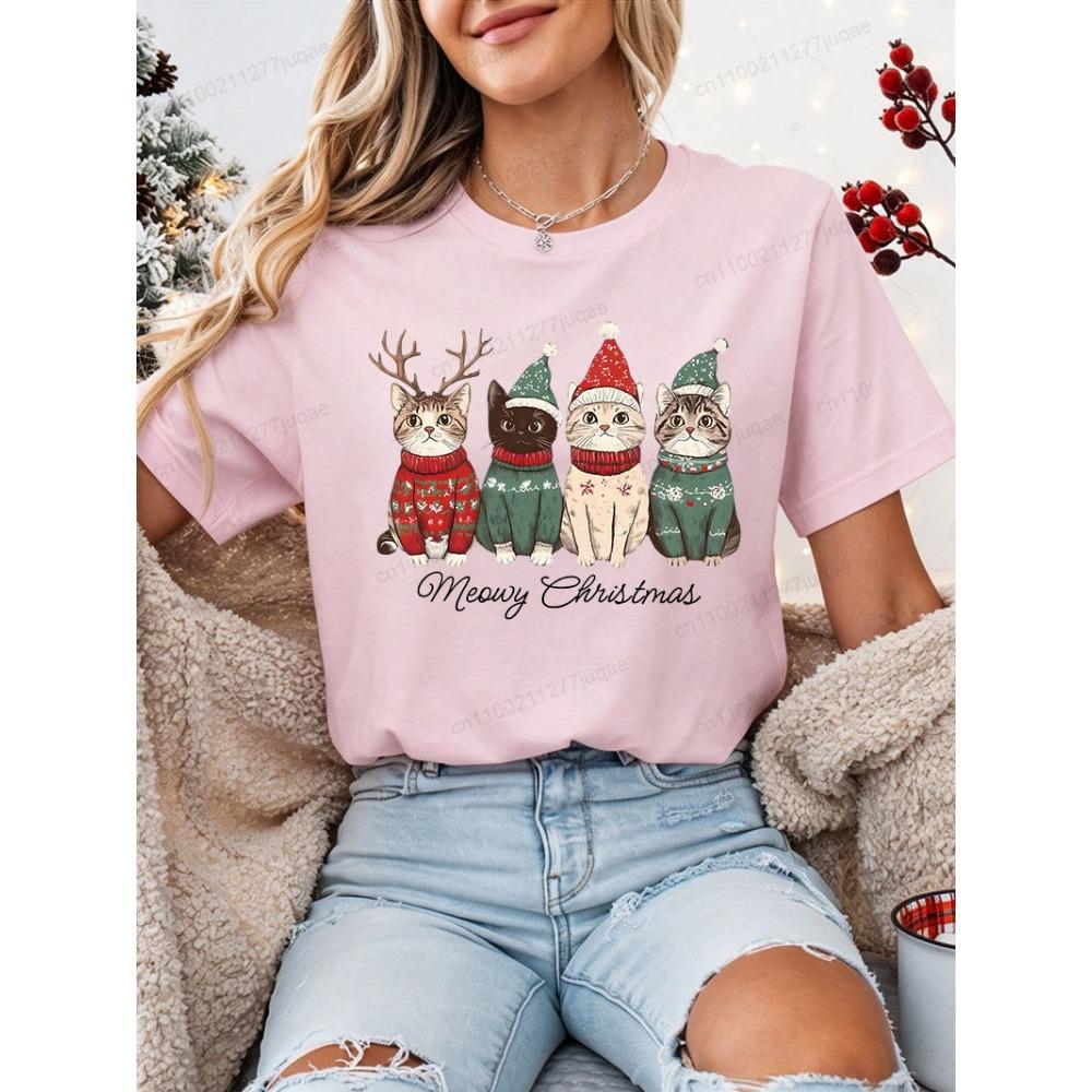 Women Christmas T‑Shirt Meowy Christmas Cute Cat Xmas Sweater Hat Reindeer Print Short Sleeve Casual Holiday Party Tee Tops Gift