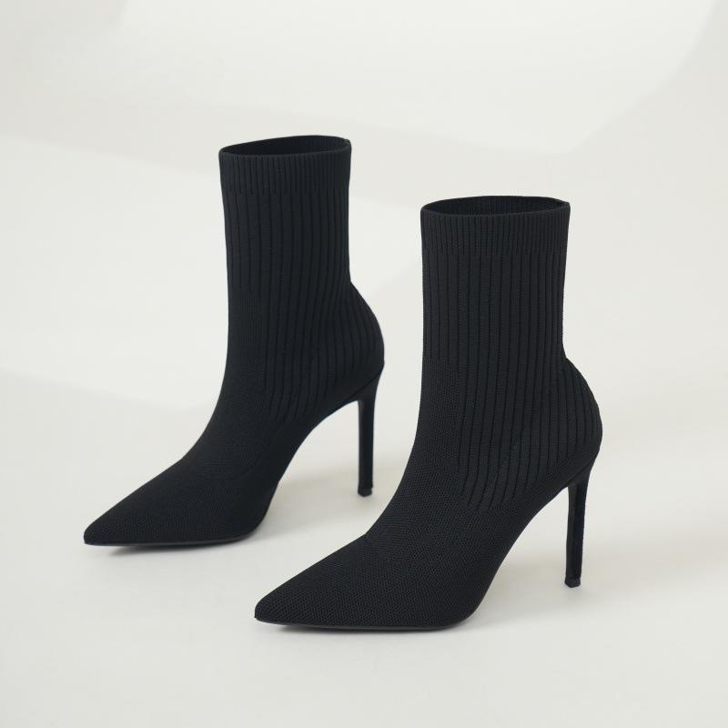 Socks Boots Knitted Short Boots Women's Boots Autumn and Winter Thin Heel Elastic Boots Black High Heels Socks Boots Show Legs Long Thin Boots