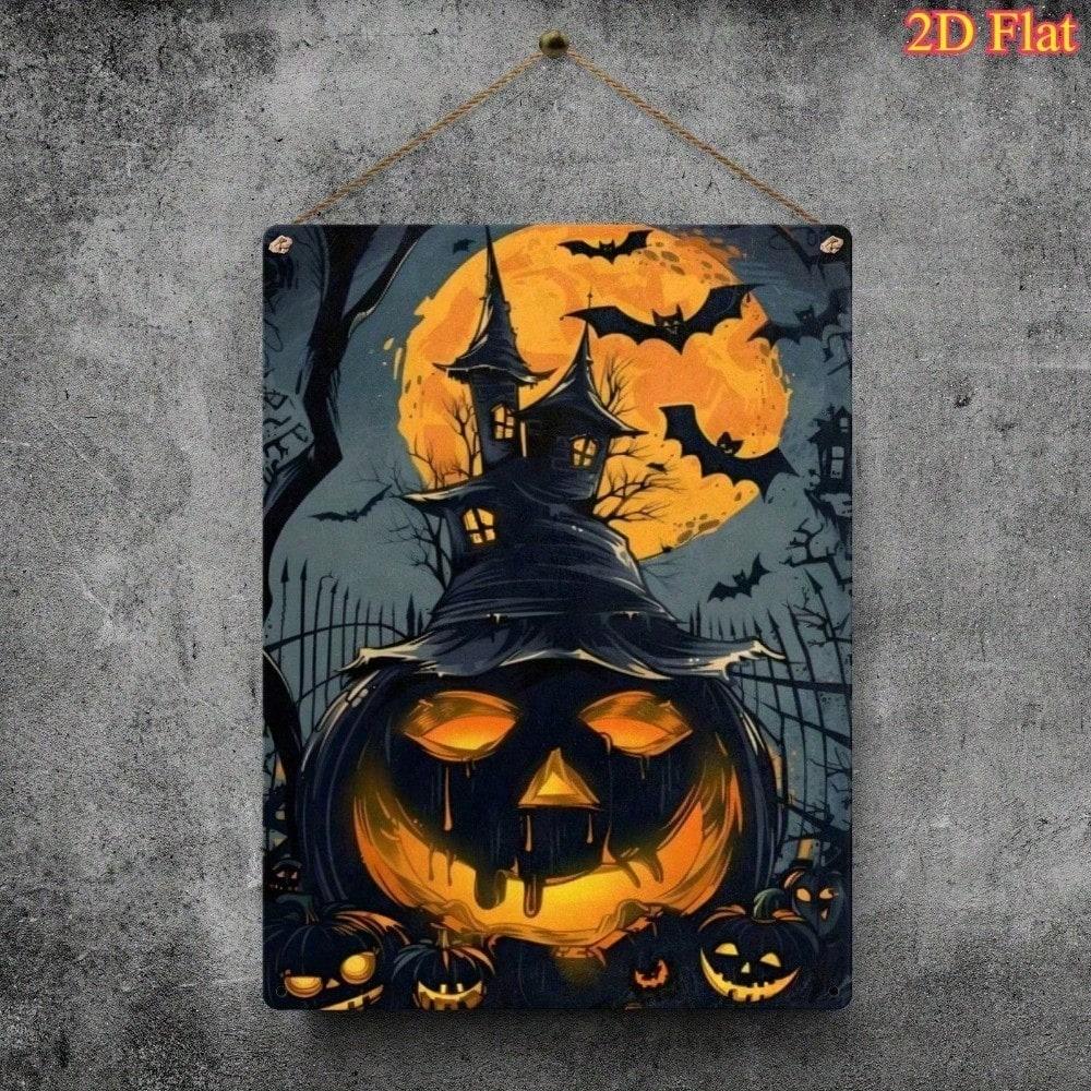 1pc Vintage Halloween Metal Tin Sign, Retro 2D Flat Wall Decor Art Plaque, Weatherproof Pre-Drilled Decorative Sign for Farmhouse