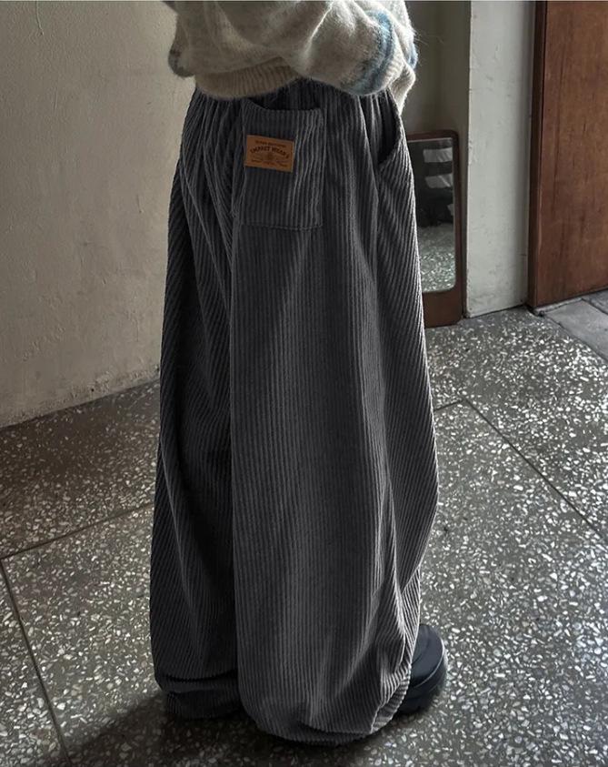 Corduroy High-Waist Striped Drawstring Trousers