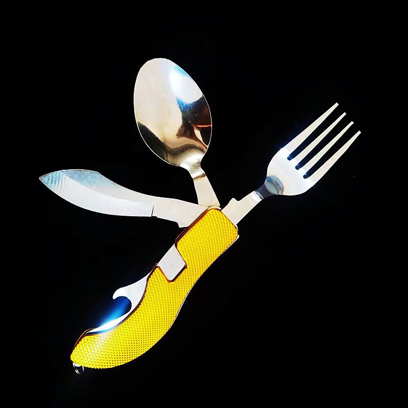 Camping Multifunctional Stainless Steel Cutlery Set: Folding Knife, Fork, and Spoon.