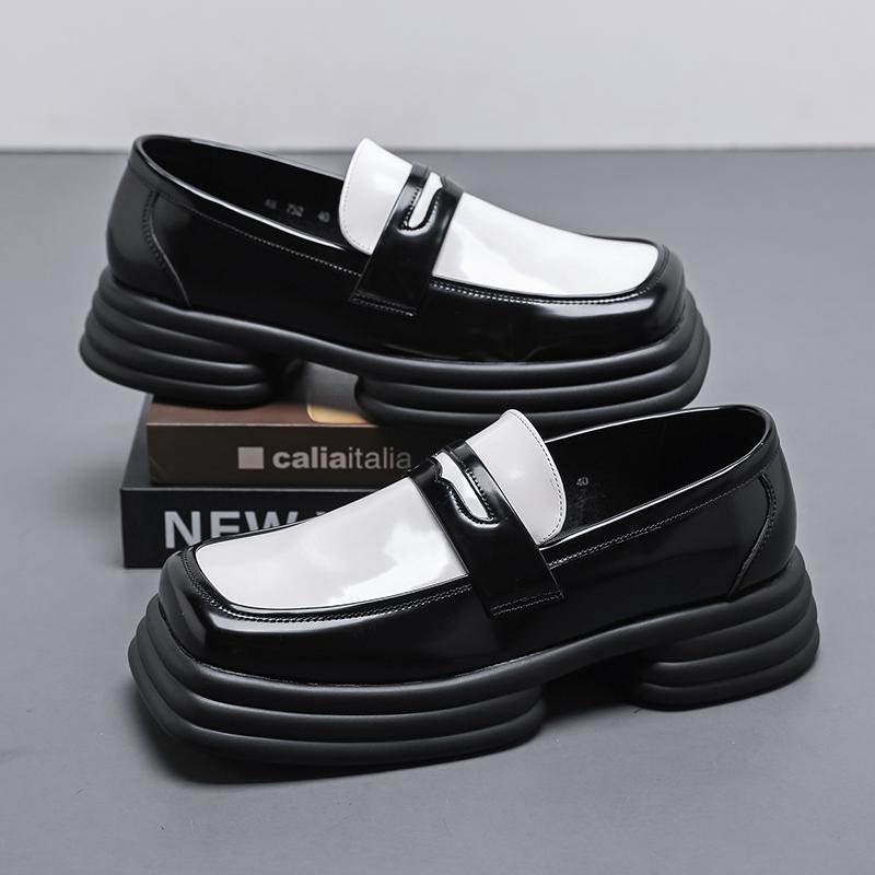 Men Square Toe Loafers Thick Soled PU Black White Patchwork Mask Decoration Business Leisure Men Shoes Versatile Men Work Shoes