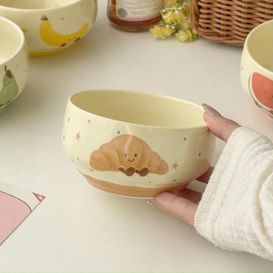 Ceramic Rice Bowl Hand-Painted Bread Fruit Pattern Serving Bowl Microwave Dishwasher Safe Kitchenware for Soup Rice Oatmeal