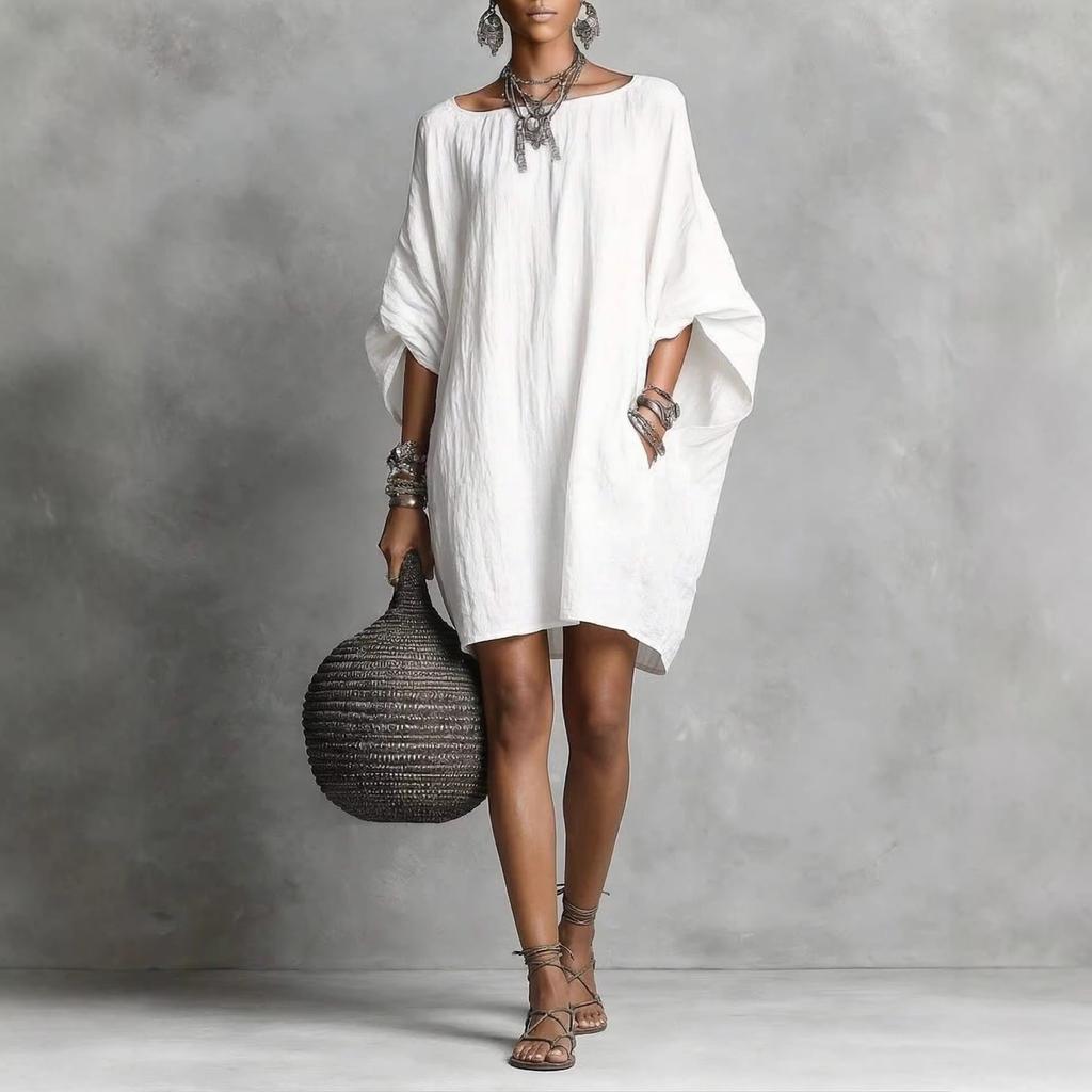 Women's Cotton Linen Look Batwing Sleeve Mini Dress Loose Boat Neck with Pockets Casual Oversized Tunic Dress Daily Vacation Beach Wear