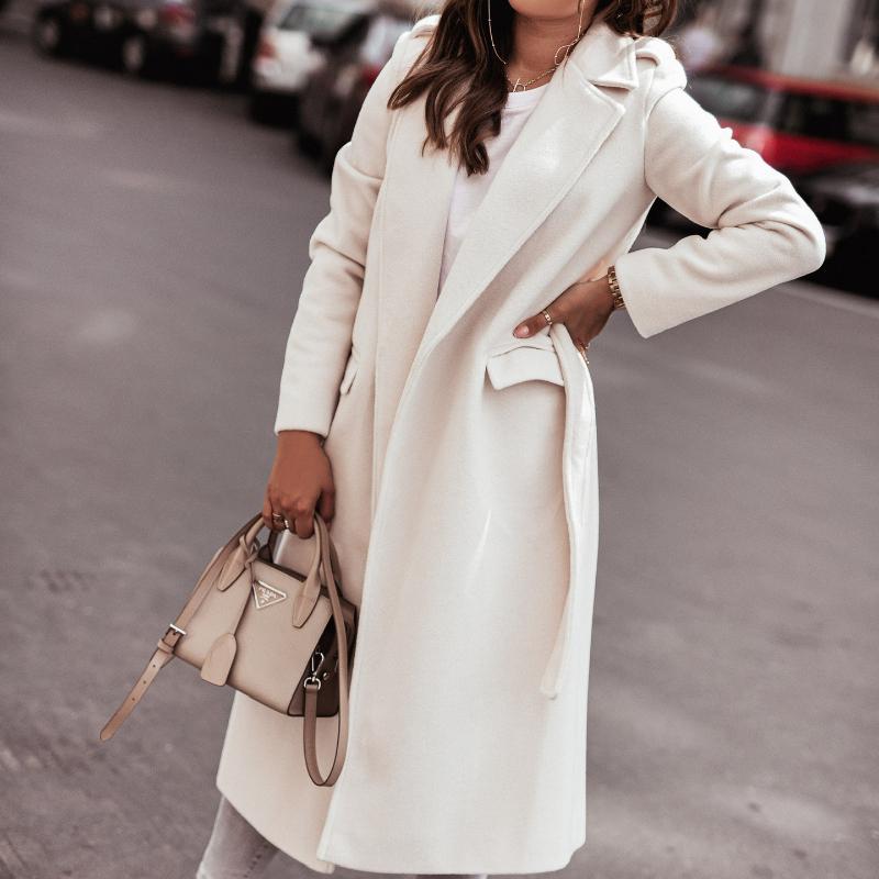 Women's Autumn and Winter Simple Long Sleeve V-Neck Tied Tweed Jacket