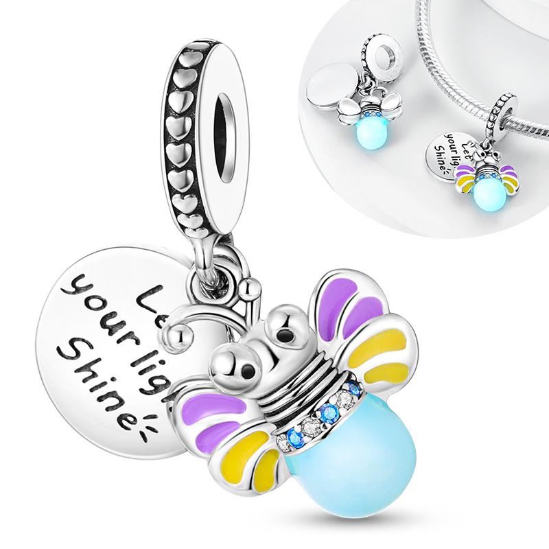 Luminous 925 Silver Firefly Pendant Charm for Bracelet Making Fashion Jewelry DIY Gift